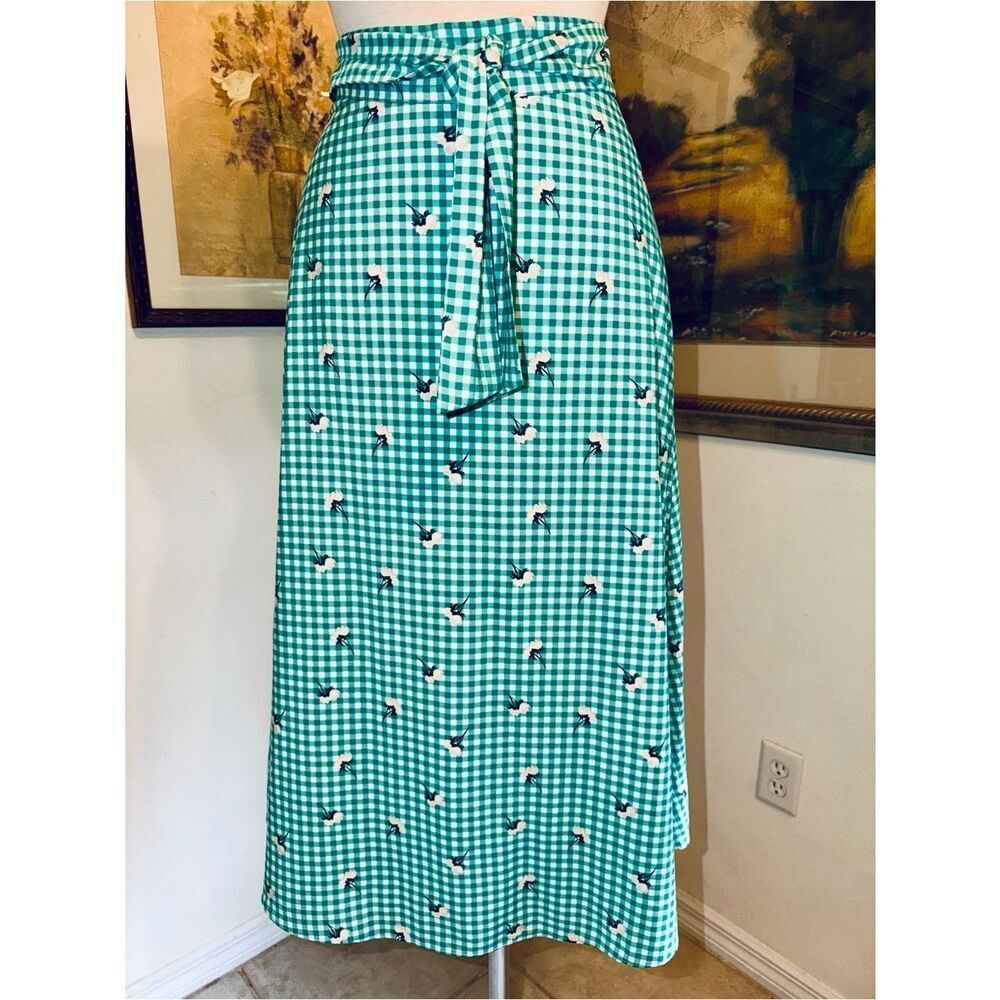 ANN TAYLOR Factory Green/White Checker Floral Tie-Waist Skirt Size 12 - Picture 14 of 15